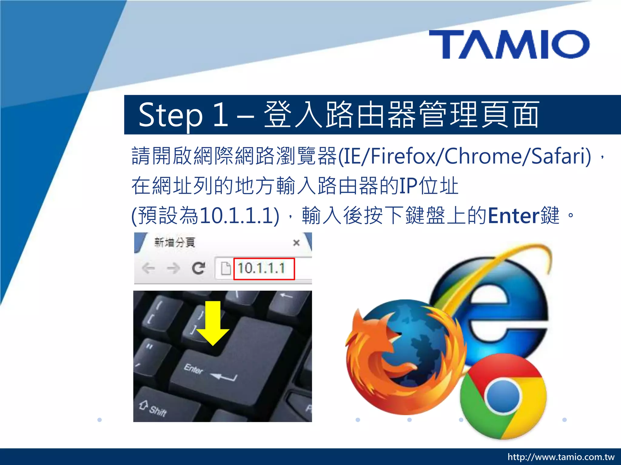 http://www.tamio.com.tw
Step 1 – 登入路由器管理頁面
請開啟網際網路瀏覽器(IE/Firefox/Chrome/Safari)，
在網址列的地方輸入路由器的IP位址
(預設為10.1.1.1)，輸入後按下鍵盤上的Enter鍵。
 