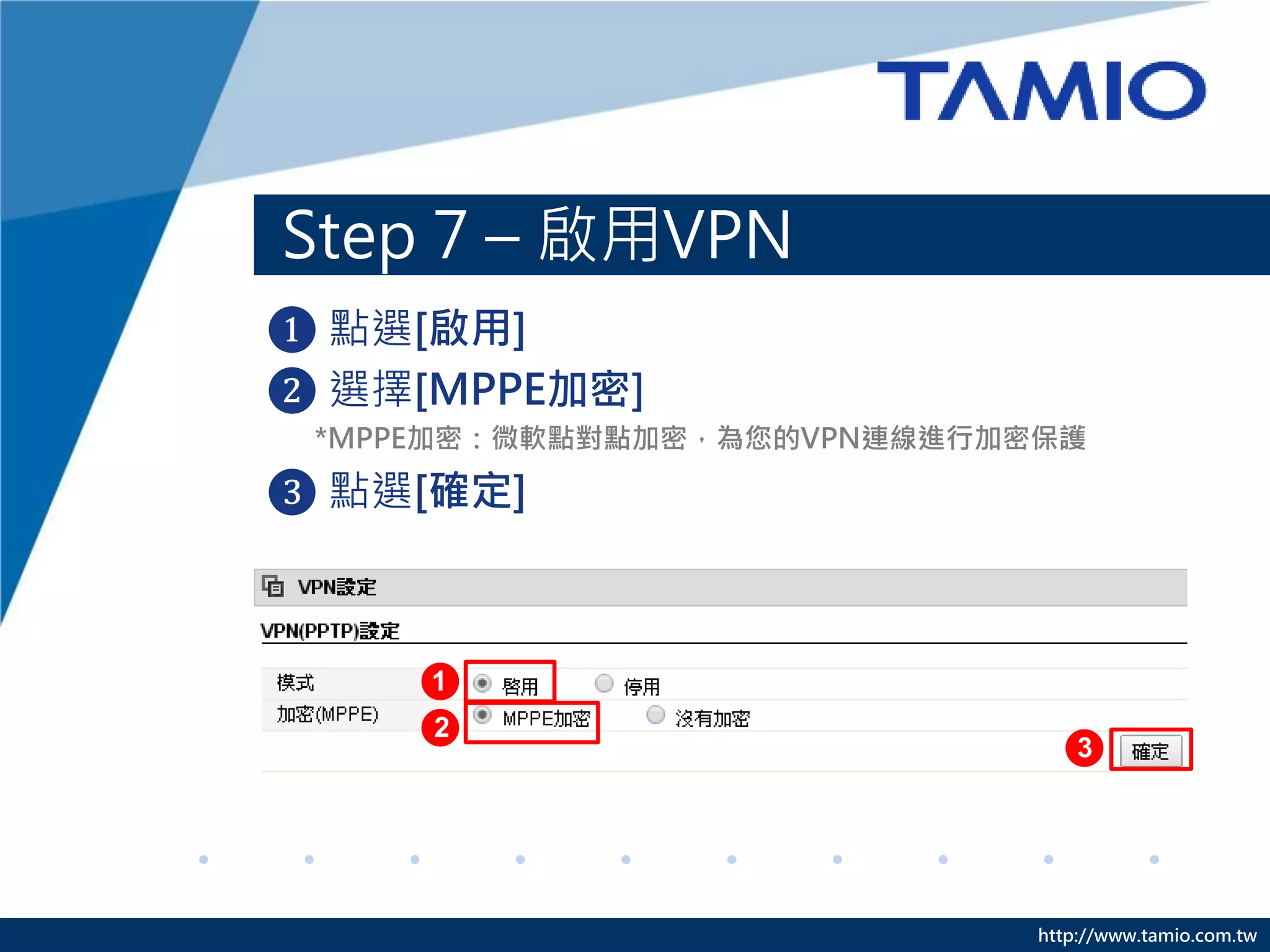 http://www.tamio.com.tw
Step 7 – 啟用VPN
❶ 點選[啟用]
❷ 選擇[MPPE加密]
*MPPE加密：微軟點對點加密，為您的VPN連線進行加密保護
❸ 點選[確定]
3
1
2
 