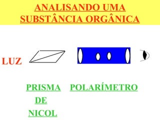 ANALISANDO UMA
SUBSTÂNCIA ORGÂNICA
LUZ
PRISMA POLARÍMETRO
DE
NICOL
 