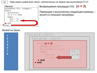 Чему равна сумма всех чисел, напечатанных на экране при выполнении F(1)?
Вывод на экран.
1 F (n ) (n = 1) . . . F (n +1 )
Writeln (n) { 1 }
If n < 5 then { 1 < 5 }
begin
5
Переходим к выполнению следующей команды –
выход из текущей процедуры
Возвращаемся процедуру F(3) (n = 3).
F (n ) (n = 2) . . . F (n +1 )2
3
4 F (n ) (n = 3)
Writeln (n); { 3 }
If n < 5 then { 3 < 5 }
begin
F (n +1 );
F (n )
(n = 6)
F (n +3 );
end
end
7
6
 