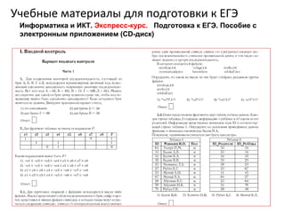 Учебные материалы для подготовки к ЕГЭ
Информатика и ИКТ. Экспресс-курс. Подготовка к ЕГЭ. Пособие с
электронным приложением (CD-диск)
 