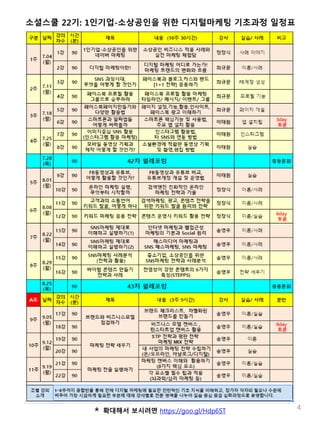 4* 확대해서 보시려면 https://goo.gl/Hdp6ST
소셜스쿨 22기: 1인기업-소상공인을 위한 디지털마케팅 기초과정 일정표
 