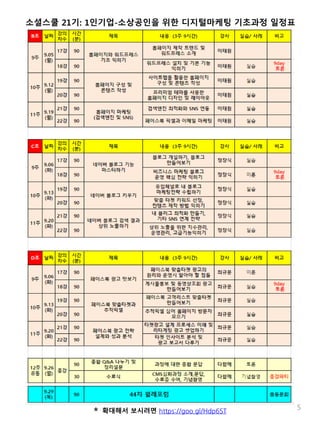 5* 확대해서 보시려면 https://goo.gl/Hdp6ST
소셜스쿨 21기: 1인기업-소상공인을 위한 디지털마케팅 기초과정 일정표
 