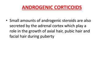 ANDROGENIC CORTICOIDS
• Small amounts of androgenic steroids are also
secreted by the adrenal cortex which play a
role in the growth of axial hair, pubic hair and
facial hair during puberty
 