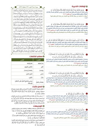 ‫الكلمات‬ ‫معاني‬
‫التدبرية‬ ‫الوقفات‬
1
2
3
4
5
6
7
‫التوجيهات‬
‫باآليات‬ ‫العمل‬
‫�ص‬�‫ينق‬ ‫�ا‬�‫م‬ ‫�اع‬�‫مس‬ ‫�د‬�‫عن‬ ‫�ة‬�‫وخاص‬ ، ‫�ه‬�‫وعظم‬ ،‫�بحه‬�‫وس‬ ،‫�اىل‬�‫تع‬ ‫اهلل‬ ‫�زه‬�‫ن‬ .1
‫ﭟ‬‫ﭞ‬‫ﭽﭝ‬،‫املقربني‬‫باملالئكة‬‫اقتداء‬‫وجالله؛‬‫�ه‬�‫عظمت‬‫�ن‬�‫م‬
.‫ﭼ‬‫ﭪ‬‫ﭩ‬‫ﭨ‬‫ﭧ‬‫ﭦ‬‫ﭥ‬ ‫ﭤ‬ ‫ﭣ‬‫ﭢ‬‫ﭡ‬‫ﭠ‬
‫ﭽﯬ‬،‫�ة‬�‫ي‬‫القلب‬‫�ادات‬�‫ب‬‫الع‬ ِّ‫�ل‬�‫ج‬‫أ‬‫�ن‬�‫م‬‫�ي‬�‫ه‬‫ف‬‫�ر؛‬�‫ك‬‫التف‬‫�ادة‬�‫ب‬‫ع‬‫�ك‬�‫س‬‫نف‬‫يف‬ ِ‫�ي‬�‫ح‬‫أ‬.2
.‫ﭼ‬‫ﯲ‬‫ﯱ‬ ‫ﯰ‬‫ﯯ‬‫ﯮ‬‫ﯭ‬
‫�رة‬�‫اآلخ‬‫�إن‬�‫ف‬ ‫�ل؛‬�‫الزائ‬ ‫�ا‬�‫الدني‬‫�رض‬�‫ع‬ ‫�ه‬�‫ب‬‫�ال‬�‫تن‬ً‫ا‬‫�لم‬�‫س‬ ‫�ن‬�‫الدي‬ ‫�ل‬�‫جتع‬‫ال‬ .3
‫ﰌ‬‫ﰋ‬‫ﰊ‬‫ﰉ‬ ‫ﰈ‬‫ﰇ‬‫ﰆ‬‫ﰅ‬‫ﰄ‬‫ﰃ‬‫ﰂ‬‫ﰁ‬‫ﰀ‬‫ﯿ‬‫ﯾ‬‫ﭽ‬ ،‫وأبقى‬ ‫خري‬
.‫ﭼ‬ ‫ﰐ‬‫ﰏ‬‫ﰎ‬ ‫ﰍ‬
‫اهلل‬ ‫س��وى‬ ‫معب��ود‬ ‫كل‬ ‫م��ن‬ ‫الت�برؤ‬ً‫ا‬‫قاص��د‬ ،‫التوحي��د‬ ‫بش��هادة‬ ‫انط��ق‬ .1
‫ﭘ‬‫ﭗ‬‫ﭖ‬‫ﭕ‬‫ﭔ‬‫ﭓ‬‫ﭒ‬‫ﭽﭑ‬ ،‫وتع��اىل‬ ‫س��بحانه‬
.‫ﭼ‬‫ﭚ‬ ‫ﭙ‬
‫�اب‬�‫ه‬‫والذ‬ ‫�حر‬�‫س‬‫ال‬ ‫�ن‬�‫م‬ ‫�ر‬�‫ي‬‫للتحذ‬ ‫�ك‬�‫ئ‬‫زمال‬ ‫أو‬ ‫�ك‬�‫ل‬‫أه‬ ‫إىل‬ ‫�الة‬�‫س‬‫ر‬ ‫�ل‬�‫س‬‫ر‬ ‫ا‬ . 2
.‫ﭼ‬‫ﭧ‬‫ﭦ‬‫ﭥ‬ ‫ﭤ‬‫ﭣ‬‫ﭽ‬ ،‫اهلل‬‫لعبادة‬ ٍ‫مناف‬‫هذا‬‫أن‬‫نا‬ّ‫ي‬‫مب‬،‫السحرة‬‫إىل‬
‫ﮁ‬‫ﮀ‬‫ﭽﭿ‬ ،‫الكريم‬‫القرآن‬‫سور‬‫من‬‫سورة‬‫واقرأ‬،‫لنفسك‬‫وقتا‬‫غ‬ّ‫ر‬‫ف‬.3
.‫ﭼ‬‫ﮏ‬‫ﮎ‬‫ﮍ‬‫ﮌ‬‫ﮋ‬‫ﮊ‬‫ﮉ‬‫ﮈ‬‫ﮇ‬‫ﮆ‬‫ﮅ‬‫ﮄ‬‫ﮃ‬‫ﮂ‬
‫ﭼ‬ ‫ﭚ‬ ‫ﭙ‬‫ﭘ‬‫ﭗ‬‫ﭖ‬‫ﭕ‬‫ﭔ‬‫ﭓ‬‫ﭒ‬‫ﭑ‬‫ﭽ‬
:‫املالئكة‬‫�أل‬�‫فيس‬‫اخلالئق؛‬‫رؤوس‬‫�ى‬�‫عل‬‫القيامة‬‫�وم‬�‫ي‬‫�ركني‬�‫املش‬‫يقرع‬‫�ه‬�‫أن‬‫�اىل‬�‫تع‬‫بر‬�‫خي‬
.520/3:‫كثري‬‫ابن‬.)‫�دون‬�‫يعب‬‫كانوا‬‫إياكم‬‫�ؤالء‬�‫(أه‬
‫هلم؟‬ ‫املشركني‬ ‫عبادة‬ ‫عن‬ ‫القيامة‬ ‫يوم‬ ‫املالئكة‬ ‫سؤال‬ ‫من‬ ‫احلكمة‬ ‫ما‬ :‫السؤال‬
‫ﭼ‬ ‫ﭚ‬ ‫ﭙ‬‫ﭘ‬‫ﭗ‬‫ﭖ‬‫ﭕ‬‫ﭔ‬‫ﭓ‬‫ﭒ‬‫ﭑ‬‫ﭽ‬
‫�ة‬�‫إالهي‬ ‫�ال‬�‫إبط‬ ‫ألن‬ ‫�ركني‬�‫املش‬ ‫�ى‬�‫عل‬ ‫�هادهم‬�‫واستش‬ ‫�ة‬�‫املالئك‬ ‫�ر‬�‫تقري‬ ‫�ى‬�‫عل‬ ‫�ار‬�‫واالقتص‬
‫أي‬،‫الفحوى‬‫�ة‬�‫بدالل‬‫اهلل‬‫دون‬‫�ن‬�‫م‬‫عبد‬‫�ن‬�‫مم‬‫�ا‬�‫دونه‬‫�و‬�‫ه‬‫�ا‬�‫م‬‫�ة‬�‫إالهي‬‫�ال‬�‫إبط‬‫�د‬�‫يفي‬‫�ة‬�‫املالئك‬
.222/22:‫�ور‬�‫عاش‬ ‫ابن‬ .‫ألجله‬ ‫�ر‬�‫احلش‬ ‫جعل‬ ‫ما‬ ‫أهم‬ ‫من‬ ‫التقرير‬ ‫ذلك‬ ‫فإن‬ ،‫األوىل‬ ‫بطريق‬
‫القيامة؟‬‫يوم‬‫املشركني‬‫على‬‫واستشهادهم‬،‫املالئكة‬‫تقرير‬‫على‬‫االقتصار‬‫فائدة‬‫ما‬:‫السؤال‬
‫ﯟﭼ‬‫ﯞ‬‫ﯝ‬‫ﯜ‬‫ﯛ‬‫ﯚ‬‫ﯙ‬‫ﯘ‬‫ﯗ‬‫ﯖ‬‫ﯕ‬‫ﯔ‬‫ﯓ‬‫ﮱ‬‫ﮰ‬‫ﭽ‬
)‫نكري‬‫كان‬‫فكيف‬‫رسلي‬‫(فكذبوا‬‫العمر‬‫وطول‬‫والنعمة‬‫القوة‬‫من‬‫اخلالية‬‫األمم‬‫أعطينا‬:‫أي‬
.611/3:‫البغوي‬.‫املاضية‬‫األمم‬‫عذاب‬‫األمة‬‫هذه‬‫كفار‬‫حيذر‬‫عليهم؛‬‫وتغيريي‬‫إنكاري‬:‫أي‬
. × ‫حممد‬ ‫أمة‬ ‫قبل‬ ‫من‬ ‫املكذبة‬ ‫القوية‬ ‫لألمم‬ ‫القرآن‬ ‫إشارة‬ ‫يف‬ ‫السر‬ ‫بني‬ :‫السؤال‬
‫ﯯ‬‫ﯮ‬‫ﯭ‬‫ﯬ‬‫ﯫ‬‫ﯪ‬‫ﯩ‬‫ﯨ‬‫ﯧ‬‫ﯦ‬‫ﯥ‬‫ﯤ‬‫ﯣ‬‫ﯢ‬‫ﭽ‬
‫ﭼ‬‫ﯼ‬‫ﯻ‬‫ﯺ‬‫ﯹ‬ ‫ﯸ‬‫ﯷ‬‫ﯶ‬‫ﯵ‬ ‫ﯴ‬‫ﯳ‬‫ﯲ‬‫ﯱ‬‫ﯰ‬
‫�اع‬�‫اتب‬‫�ه‬�‫في‬‫�س‬�‫لي‬،‫�اىل‬�‫تع‬‫هلل‬ً‫ا‬��‫خالص‬ً‫ا‬��‫قيام‬×‫�د‬�‫حمم‬‫�ر‬�‫أم‬‫يف‬‫�ر‬�‫للنظ‬‫�وا‬�‫تقوم‬‫أن‬:‫�اه‬�‫ومعن‬
‫باألمر‬‫القيام‬‫املراد‬‫وإمنا‬،‫الرجل�ين‬‫على‬‫القيام‬‫هنا‬‫�ام‬�‫بالقي‬‫�راد‬�‫امل‬‫�س‬�‫ولي‬.‫�ل‬�‫مي‬‫وال‬‫�وى‬�‫ه‬
.209/2:‫�زي‬�‫ج‬ ‫ابن‬ .‫فيه‬ ّ‫د‬��‫واجل‬
‫؟‬ً‫ال‬‫باط‬ ‫يكون‬ ‫ومتى‬ ‫خالصا؟‬ ‫اهلل‬ ‫بأمر‬ ‫القيام‬ ‫يكون‬ ‫متى‬ :‫السؤال‬
‫ﯯ‬‫ﯮ‬‫ﯭ‬‫ﯬ‬‫ﯫ‬‫ﯪ‬‫ﯩ‬‫ﯨ‬‫ﯧ‬‫ﯦ‬‫ﯥ‬‫ﯤ‬‫ﯣ‬‫ﯢ‬‫ﭽ‬
‫ﭼ‬‫ﯼ‬‫ﯻ‬‫ﯺ‬‫ﯹ‬ ‫ﯸ‬‫ﯷ‬‫ﯶ‬‫ﯵ‬ ‫ﯴ‬‫ﯳ‬‫ﯲ‬‫ﯱ‬‫ﯰ‬
‫ن‬ِ‫م‬‫�ه‬�‫أحوال‬‫يف‬‫أو‬،‫�ة‬�‫ن‬ ِ‫ج‬‫�ه‬�‫في‬‫�م‬�‫رأيت‬‫أو‬،ً‫ا‬��‫كذب‬‫�م‬�‫صاحبك‬‫�ى‬�‫عل‬‫�م‬�‫جربت‬‫�ل‬�‫ه‬)‫�روا‬�‫تتفك‬‫�م‬�‫(ث‬
،‫الكتب‬‫وقرأ‬‫األقاصيص‬‫تعلم‬‫أو‬،‫�حر‬�‫بالس‬‫العلم‬‫َّعي‬‫يد‬‫ممن‬‫أحد‬‫إىل‬‫اختلف‬‫أو‬،‫�اد‬�‫فس‬
‫�إذا‬�‫ف‬ !‫�دة؟‬�‫واح‬ ‫�ورة‬�‫س‬ ‫يف‬ ‫�ه‬�‫معارضت‬ ‫�ى‬�‫عل‬ ‫�درون‬�‫تق‬ ‫أو‬ ،‫�م‬�‫أموالك‬ ‫يف‬ ‫�ع‬�‫بالطم‬ ‫�وه‬�‫عرفتم‬ ‫أو‬
.330/17:‫القرط�بي‬!‫املعاندة؟‬‫�ذه‬�‫ه‬‫بال‬‫فما‬،‫�ه‬�‫صدق‬‫�ر‬�‫الفك‬‫�ذا‬�‫به‬‫�م‬�‫عرفت‬
‫الباطل؟‬ ‫من‬ ‫احلق‬ ‫بذلك‬ ‫نعرف‬ ‫وكيف‬ ‫منهم؟‬ ‫طلب‬ ‫الذي‬ ‫التفكر‬ ‫ما‬ :‫السؤال‬
‫ﭼ‬ ‫ﰄ‬‫ﰃ‬‫ﰂ‬‫ﰁ‬‫ﰀ‬‫ﯿ‬‫ﯾ‬‫ﭽ‬
‫يستجيب‬ ‫من‬ ‫أموال‬ ‫يأخذ‬ ‫أنه‬ :‫وهو‬ ،‫احلق‬ ‫إىل‬ ‫الداعي‬ ‫اتباع‬ ‫من‬ ‫آخر‬ ‫للنفوس‬ ‫مانع‬ َّ‫م‬َ‫ث‬‫و‬
‫عن‬‫�لم‬�‫وس‬‫عليه‬‫اهلل‬‫صلى‬‫�وله‬�‫رس‬‫نزاهة‬ ‫تعاىل‬‫اهلل‬ َّ‫فبي‬،‫�ه‬�‫دعوت‬‫�ى‬�‫عل‬‫�رة‬�‫أج‬‫�ذ‬�‫ويأخ‬،‫�ه‬�‫ل‬
.683:‫السعدي‬.‫للحق‬‫اتباعكم‬‫على‬:‫أي‬)‫أجر‬‫من‬‫سألتكم‬‫ما‬‫(قل‬:‫فقال‬،‫األمر‬‫هذا‬
‫هي؟‬‫فما‬،‫الصادقني‬‫الدعاة‬‫عالمات‬‫من‬‫عالمة‬‫اآلية‬‫هذه‬‫يف‬‫وجل‬‫عز‬‫اهلل‬‫بني‬:‫السؤال‬
‫ﭼ‬‫ﰘ‬‫ﰗ‬ ‫ﰖ‬‫ﰕ‬‫ﰔ‬‫ﰓ‬‫ﰒ‬‫ﭽ‬
‫عامل‬‫�ه‬�‫أن‬‫إىل‬‫�ارة‬�‫ش‬ِ‫لإل‬‫�ة؛‬�‫هلي‬ِ‫اإل‬‫�اف‬�‫األوص‬‫ب�ين‬‫�ن‬�‫م‬)‫�وب‬�‫الغي‬‫م‬َّ‫(ع�لا‬‫�ف‬�‫وص‬‫�ص‬�‫وختصي‬
‫أنه‬ ً‫ال‬‫باط‬ ‫بادعائه‬ ‫اهلل‬ ‫على‬ ‫جيرتيء‬ ‫ال‬ ‫هذا‬ ‫يعلم‬ ‫فالذي‬ ،‫ذلك‬ ‫يعلم‬ ‫ل‬ِ‫ئ‬‫القا‬ ‫وأن‬ ،‫بالنوايا‬
.238/22:‫عاشور‬ ‫ابن‬ .‫إليكم‬ ‫�له‬�‫أرس‬
‫الكرمية؟‬ ‫اآلية‬ ‫يف‬ )‫الغيوب‬ ‫م‬َّ‫(عال‬ ‫وصف‬ ‫ختصيص‬ ‫فائدة‬ ‫ما‬ :‫السؤال‬
)433( ‫صفحة‬ )22( ‫الجزء‬ )‫(سبأ‬ ‫سورة‬
‫الكلمة‬‫املعنى‬
‫َا‬‫ه‬َ‫ن‬‫و‬ ُ‫س‬ُ‫ر‬‫َد‬‫ي‬.‫َا‬‫ه‬َ‫ن‬‫و‬ُ‫ؤ‬َ‫َقر‬‫ي‬
ِ‫ري‬ِ‫ك‬َ‫ن‬.‫م‬ِ‫يه‬َ‫ل‬َ‫ع‬ ‫ي‬ِ‫ار‬َ‫ك‬‫ن‬ِ‫إ‬
ٍ‫ة‬َ‫د‬ ِ‫اح‬َ‫و‬ِ‫ب‬.ٍ‫ة‬َ‫د‬ ِ‫َاح‬‫و‬ ٍ‫ة‬َ‫ل‬‫ص‬َ ِ‫ب‬
‫ى‬َ‫ن‬‫ث‬َ‫م‬.ِ‫ني‬َ‫ن‬‫اث‬ ِ‫ني‬َ‫ن‬‫اث‬
ٍ‫ة‬َّ‫ن‬ ِ‫ج‬.ٍ‫ون‬ُ‫ن‬ ُ‫ج‬
ِّ‫ق‬َ‫احل‬ِ‫ب‬ ُ‫ف‬ِ‫َقذ‬‫ي‬
‫؛‬ِ‫ل‬ ِ‫اط‬َ‫ب‬‫ال‬ ‫ى‬َ‫ل‬َ‫ع‬ ِّ‫ق‬َ‫احل‬ ِ‫ج‬ َ‫ج‬ُ ِ‫ب‬ ‫ي‬ِ‫َرم‬‫ي‬
.ُ‫ه‬ُ‫غ‬َ‫دم‬َ‫ي‬َ‫ف‬
 