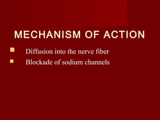 MECHANISM OF ACTION
 Diffusion into the nerve fiber
 Blockade of sodium channels
 