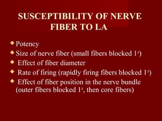 SUSCEPTIBILITY OF NERVE
FIBER TO LA
 Potency
 Size of nerve fiber (small fibers blocked 1st
)
 Effect of fiber diameter
 Rate of firing (rapidly firing fibers blocked 1st
)
 Effect of fiber position in the nerve bundle
(outer fibers blocked 1st
, then core fibers)
 