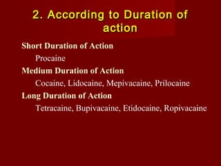2. According to Duration of2. According to Duration of
actionaction
Short Duration of Action
Procaine
Medium Duration of Action
Cocaine, Lidocaine, Mepivacaine, Prilocaine
Long Duration of Action
Tetracaine, Bupivacaine, Etidocaine, Ropivacaine
 