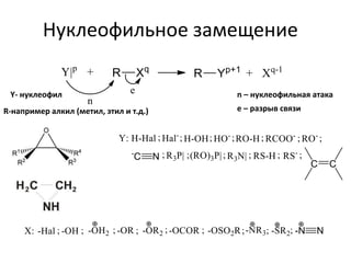 Нуклеофильное замещение
Y- нуклеофил
R-например алкил (метил, этил и т.д.)
n – нуклеофильная атака
e – разрыв связи
 