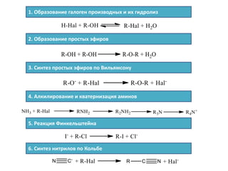 1. Образование галоген производных и их гидролиз
2. Образование простых эфиров
3. Синтез простых эфиров по Вильямсону
4. Алкилирование и кватернизация аминов
5. Реакция Финкельштейна
6. Синтез нитрилов по Кольбе
 