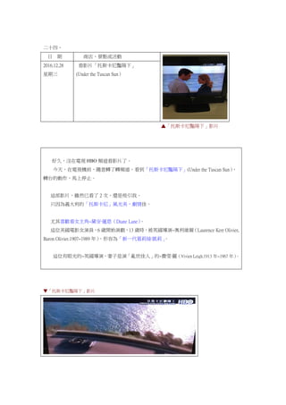 二十四、
日 期 商店、景點或活動
2016.12.28
星期三
看影片「托斯卡尼豔陽下」
(Under the Tuscan Sun）
▲「托斯卡尼豔陽下」影片
好久，沒在電視 HBO 頻道看影片了。
今天，在電視機前，隨意轉了轉頻道，看到「托斯卡尼豔陽下」(Under the Tuscan Sun），
轉台的動作，馬上停止。
這部影片，雖然已看了 2 次，還是吸引我。
只因為義大利的「托斯卡尼」風光美，劇情佳。
尤其喜歡看女主角~黛安·蓮恩（Diane Lane）。
這位美國電影女演員，6 歲開始演戲，13 歲時，被英國導演~奧利維爾（Laurence Kerr Olivier,
Baron Olivier.1907~1989 年），形容為「新一代葛莉絲·凱莉」。
這位有眼光的~英國導演，妻子是演「亂世佳人」的~費雯·麗（Vivien Leigh.1913 年~1967 年）。
▼「托斯卡尼豔陽下」影片
 