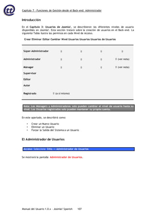 Capítulo 7 – Funciones de Gestión desde el Back-end: Administrador
Manual del Usuario 1.0.x – Joomla! Spanish 107
Introducción
En el Capítulo 3: Usuarios de Joomla!, se describieron los diferentes niveles de usuario
disponibles en Joomla!. Esta sección tratará sobre la creación de usuarios en el Back-end. La
siguiente Tabla ilustra los permisos en cada Nivel de Acceso.
Crear Eliminar Editar Cambiar Nivel Usuarios Usuarios Usuarios de Usuarios
Súper-Administrador    
Administrador     (ver nota)
Mánager
Supervisor
Editor
Autor
    (ver nota)
Registrado  (a sí mismo)
Nota: Los Mánagers y Administradores solo pueden cambiar el nivel de usuario hasta su
nivel. Los Usuarios registrados solo pueden mantener su propia cuenta.
En este apartado, se describirá como:
• Crear un Nuevo Usuario
• Eliminar un Usuario
• Forzar la Salida del Sistema a un Usuario
El Administrador de Usuarios
Acceso: Seleccione Sitio -> Administrador de Usuarios
Se mostrará la pantalla Administrador de Usuarios.
 