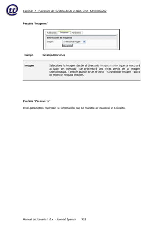 Capítulo 7 – Funciones de Gestión desde el Back-end: Administrador
Manual del Usuario 1.0.x – Joomla! Spanish 128
Pestaña ‘Imágenes’
Campo Detalles/Opciones
Imagen Seleccione la imagen (desde el directorio images/stories) que se mostrará
al lado del contacto (se presentará una vista previa de la imagen
seleccionada). También puede dejar el texto "- Seleccionar imagen -" para
no mostrar ninguna imagen.
Pestaña ‘Parámetros’
Estos parámetros controlan la información que se muestra al visualizar el Contacto.
 