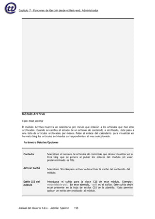 Capítulo 7 – Funciones de Gestión desde el Back-end: Administrador
Manual del Usuario 1.0.x – Joomla! Spanish 155
Módulo Archivo
Tipo: mod_archive
El módulo Archivo muestra un calendario por meses que enlazan a los artículos que han sido
archivados. Cuando se cambia el estado de un artículo de contenido a Archivado, éste pasa a
una lista de artículos archivados por meses. Pulse el enlace del calendario para visualizar en
formato blog los artículos archivados correspondientes al mes seleccionado.
Parámetro Detalles/Opciones
Contador Seleccione el número de artículos de contenido que desea visualizar en la
lista blog que se genera al pulsar los enlaces del módulo (el valor
predeterminado es 10).
Activar Caché Seleccione Sí o No para activar o desactivar la caché del contenido del
módulo.
Estilo CSS del
Módulo
Introduzca el sufijo para la clase CSS de este módulo. Ejemplo:
moduletable-poll. En este ejemplo, -poll es el sufijo. Este sufijo debe
estar presente en la hoja de estilos CSS de la plantilla. Esto permite
aplicar un estilo personalizado al módulo.
 
