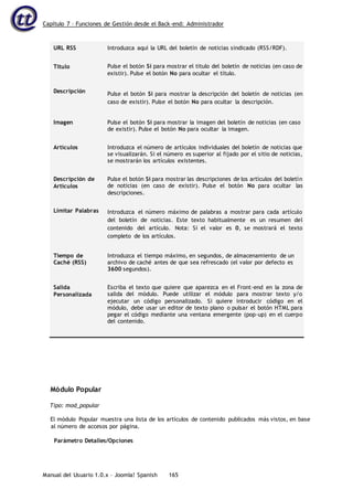 Capítulo 7 – Funciones de Gestión desde el Back-end: Administrador
Manual del Usuario 1.0.x – Joomla! Spanish 165
URL RSS Introduzca aquí la URL del boletín de noticias sindicado (RSS/RDF).
Título Pulse el botón Sí para mostrar el título del boletín de noticias (en caso de
existir). Pulse el botón No para ocultar el título.
Descripción Pulse el botón Sí para mostrar la descripción del boletín de noticias (en
caso de existir). Pulse el botón No para ocultar la descripción.
Imagen Pulse el botón Sí para mostrar la imagen del boletín de noticias (en caso
de existir). Pulse el botón No para ocultar la imagen.
Artículos Introduzca el número de artículos individuales del boletín de noticias que
se visualizarán. Si el número es superior al fijado por el sitio de noticias,
se mostrarán los artículos existentes.
Descripción de
Artículos
Pulse el botón Sí para mostrar las descripciones de los artículos del boletín
de noticias (en caso de existir). Pulse el botón No para ocultar las
descripciones.
Limitar Palabras Introduzca el número máximo de palabras a mostrar para cada artículo
del boletín de noticias. Este texto habitualmente es un resumen del
contenido del artículo. Nota: Si el valor es 0, se mostrará el texto
completo de los artículos.
Tiempo de
Caché (RSS)
Introduzca el tiempo máximo, en segundos, de almacenamiento de un
archivo de caché antes de que sea refrescado (el valor por defecto es
3600 segundos).
Salida
Personalizada
Escriba el texto que quiere que aparezca en el Front-end en la zona de
salida del módulo. Puede utilizar el módulo para mostrar texto y/o
ejecutar un código personalizado. Si quiere introducir código en el
módulo, debe usar un editor de texto plano o pulsar el botón HTML para
pegar el código mediante una ventana emergente (pop-up) en el cuerpo
del contenido.
Módulo Popular
Tipo: mod_popular
El módulo Popular muestra una lista de los artículos de contenido publicados más vistos, en base
al número de accesos por página.
Parámetro Detalles/Opciones
 