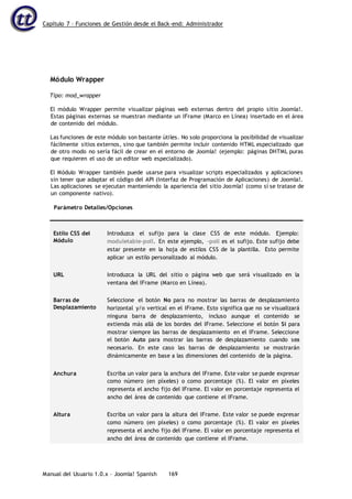 Capítulo 7 – Funciones de Gestión desde el Back-end: Administrador
Manual del Usuario 1.0.x – Joomla! Spanish 169
Módulo Wrapper
Tipo: mod_wrapper
El módulo Wrapper permite visualizar páginas web externas dentro del propio sitio Joomla!.
Estas páginas externas se muestran mediante un IFrame (Marco en Línea) insertado en el área
de contenido del módulo.
Las funciones de este módulo son bastante útiles. No solo proporciona la posibilidad de visualizar
fácilmente sitios externos, sino que también permite incluir contenido HTML especializado que
de otro modo no sería fácil de crear en el entorno de Joomla! (ejemplo: páginas DHTML puras
que requieren el uso de un editor web especializado).
El Módulo Wrapper también puede usarse para visualizar scripts especializados y aplicaciones
sin tener que adaptar el código del API (Interfaz de Programación de Aplicaciones) de Joomla!.
Las aplicaciones se ejecutan manteniendo la apariencia del sitio Joomla! (como si se tratase de
un componente nativo).
Parámetro Detalles/Opciones
Estilo CSS del
Módulo
Introduzca el sufijo para la clase CSS de este módulo. Ejemplo:
moduletable-poll. En este ejemplo, -poll es el sufijo. Este sufijo debe
estar presente en la hoja de estilos CSS de la plantilla. Esto permite
aplicar un estilo personalizado al módulo.
URL Introduzca la URL del sitio o página web que será visualizado en la
ventana del IFrame (Marco en Línea).
Barras de
Desplazamiento
Seleccione el botón No para no mostrar las barras de desplazamiento
horizontal y/o vertical en el IFrame. Esto significa que no se visualizará
ninguna barra de desplazamiento, incluso aunque el contenido se
extienda más allá de los bordes del IFrame. Seleccione el botón Sí para
mostrar siempre las barras de desplazamiento en el IFrame. Seleccione
el botón Auto para mostrar las barras de desplazamiento cuando sea
necesario. En este caso las barras de desplazamiento se mostrarán
dinámicamente en base a las dimensiones del contenido de la página.
Anchura Escriba un valor para la anchura del IFrame. Este valor se puede expresar
como número (en píxeles) o como porcentaje (%). El valor en píxeles
representa el ancho fijo del IFrame. El valor en porcentaje representa el
ancho del área de contenido que contiene el IFrame.
Altura Escriba un valor para la altura del IFrame. Este valor se puede expresar
como número (en píxeles) o como porcentaje (%). El valor en píxeles
representa el ancho fijo del IFrame. El valor en porcentaje representa el
ancho del área de contenido que contiene el IFrame.
 