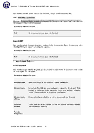 Capítulo 7 – Funciones de Gestión desde el Back-end: Administrador
Manual del Usuario 1.0.x – Joomla! Spanish 177
Este mambot resalta, en los artículos de contenido, código formateado como PHP.
Usar: {moscode}... {/moscode}
Ejemplo: {moscode}<body onload="winManage(850,700,true);"><a name="top"></a><div><div
id="wrapper"></div></div>{/moscode}
Parámetro Detalles/Opciones
N/A No existen parámetros para este Mambot.
Soporte SEF
Este mambot añade el soporte de enlaces en los artículos de contenido. Opera directamente sobre
el código html y no requiere una etiqueta especial.
Parámetro Detalles/Opciones
N/A No existen parámetros para este Mambot.
2. Mambots de Editores
Editor TinyMCE
Este mambot carga el Editor TinyMCE, que es un editor independiente de plataforma web basado
en Javascript HTML y WYSIWYG.
Parámetro Detalles/Opciones
Funcionalidad Seleccione el tipo de funcionalidad: Simple o Avanzada.
Limpiar Código Por defecto TinyMCE (por seguridad y para respetar las directivas XHTML)
limpiará el código de ciertos elementos html, como scripts y etiquetas
‘center’. Recomendamos no desactivar esta función.
Limpiar Código
al Inicio
Limpiar el código en el editor al entrar (desactivado por defecto).
Avisar al
Guardar
Emitir advertencias en caso de cancelar sin guardar las modificaciones
(desactivado por defecto).
Versión
Comprimida
 