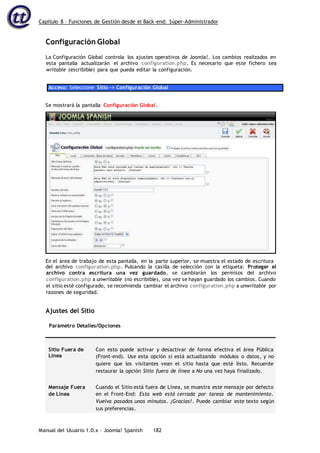 Capítulo 8 – Funciones de Gestión desde el Back-end: Súper-Administrador
Manual del Usuario 1.0.x – Joomla! Spanish 182
Configuración Global
La Configuración Global controla los ajustes operativos de Joomla!. Los cambios realizados en
esta pantalla actualizarán el archivo configuration.php. Es necesario que este fichero sea
writable (escribible) para que pueda editar la configuración.
Acceso: Seleccione Sitio -> Configuración Global
del archivo configuration.php. Pulsando la casilla de selección con la etiqueta: Proteger el
archivo contra escritura una vez guardado, se cambiarán los permisos del archivo
configuration.php a unwritable (no escribible), una vez se hayan guardado los cambios. Cuando
el sitio esté configurado, se recomienda cambiar el archivo configuration.php a unwritable por
razones de seguridad.
Ajustes del Sitio
Parámetro Detalles/Opciones
Sitio Fuera de
Línea
Con esto puede activar y desactivar de forma efectiva el área Pública
(Front-end). Use esta opción si está actualizando módulos o datos, y no
quiere que los visitantes vean el sitio hasta que esté listo. Recuerde
restaurar la opción Sitio fuera de línea a No una vez haya finalizado.
Mensaje Fuera
de Línea
Cuando el Sitio está fuera de Línea, se muestra este mensaje por defecto
en el Front-End: Esta web está cerrada por tareas de mantenimiento.
Vuelva pasados unos minutos. ¡Gracias!. Puede cambiar este texto según
sus preferencias.
Se mostrará la pantalla Configuración Global.
En el área de trabajo de esta pantalla, en la parte superior, se muestra el estado de escritura
 