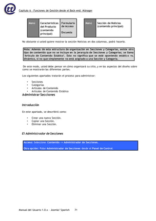 Capítulo 6 – Funciones de Gestión desde el Back-end: Mánager
Manual del Usuario 1.0.x – Joomla! Spanish 71
Menú Características
del Producto
(contenido
principal)
Formulario
de Acceso
Encuesta
Menú Sección de Noticias
(contenido principal)
No obstante si usted quiere mostrar la sección Noticias en dos columnas, podrá hacerlo.
Nota: Además de esta estructura de organización en Secciones y Categorías, existe otro
tipo de contenido que no se incluye en la jerarquía de Secciones y Categorías; se llama
‘Artículo de Contenido Estático’. Esto no significa que se esté oponiendo estático vs.
dinámico, si no que simplemente no está asignado a una Sección y Categoría.
De este modo, usted debe pensar en cómo organizará su sitio, y en los aspectos del diseño sobre
como se mostrarán las diferentes partes.
Los siguientes apartados tratarán el proceso para administrar:
• Secciones
• Categorías
• Artículos de Contenido
• Artículos de Contenido Estático
Administrar Secciones
Introducción
En este apartado, se describirá como:
• Crear una nueva Sección.
• Copiar una Sección.
• Eliminar una Sección.
El Administrador de Secciones
Acceso: Seleccione Contenido -> Administrador de Secciones.
Otra opción: Pulse Administrador de Secciones desde el Panel de Control.
 