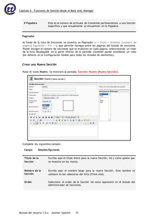 Capítulo 6 – Funciones de Gestión desde el Back-end: Mánager
Manual del Usuario 1.0.x – Joomla! Spanish 73
# Papelera Este es el número de Artículos de Contenido pertenecientes a una Sección
específica y que actualmente se encuentran en la Papelera.
Paginador
Al fondo de la lista de Secciones se muestra un Paginador (<< Inicio < Anterior [número de
página] Siguiente > Fin >>), que permite navegar entre las páginas del listado de secciones.
Puede escoger el número de secciones que se muestran en cada página, seleccionando un valor
de la lista desplegable en la parte inferior de la pantalla (también puede establecer un valor
por defecto en la Configuración Global para todos los listados de elementos).
Crear una Nueva Sección
Campo Detalles/Opciones
Título de la
Sección
Escriba aquí el título breve para la nueva Sección, tal y como quiere que
se muestre en los menús.
Nombre de la
Sección
Escriba aquí el nombre largo para la nueva Sección. Este nombre se
utilizará en las cabeceras del Sitio (Front-end).
Orden Seleccione el orden de la Sección tal como aparecerá en el listado del
Administrador de Secciones.
Pulse el icono Nuevo. Se mostrará la pantalla Sección: Nuevo [Nueva Sección].
Complete los siguientes campos:
 