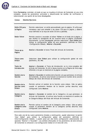 Capítulo 6 – Funciones de Gestión desde el Back-end: Mánager
Manual del Usuario 1.0.x – Joomla! Spanish 88
Estos Parámetros controlan el modo en que se visualiza el Artículo de Contenido en una vista
completa. Ajuste los parámetros activando o desactivando las casillas de verificación o
seleccionando una opción de las listas desplegables.
Campo Detalles/Opciones
Estilo CSS para
la Página
Permite seleccionar un estilo personalizado para la página. El sufijo que
introduzca aquí será añadido a las clases CSS para la página, y deberá
estar definido en la hoja de estilo CSS de su plantilla.
Botón Volver Permite mostrar o esconder el enlace Volver en el fondo de la página, y
que facilita la navegación de los usuarios hacia la página visualizada
previamente. La lista desplegable permite seleccionar: Usar Global para
utilizar la configuración global de este parámetro (definida en Sitio-
>Configuración Global), Mostrar o Esconder.
Título de la
Página
Mostrar o Esconder el texto Título del Artículo de Contenido.
Título como
Enlace
Seleccione Usar Global para utilizar la configuración global de este
parámetro, Sí o No.
Texto de
Introducción
Mostrar o Esconder el Texto de Introducción en la vista completa del
Artículo de Contenido. Es útil si desea mostrar en la Página de Inicio algo
diferente a lo que se mostrará en la página completa.
Nombre de la
Sección
Mostrar o Esconder el nombre de la Sección a la que pertenece el Artículo
de Contenido. Al activar esta función se mostrará el nombre de la sección
debajo del título del Artículo de Contenido.
Nombre de la
Sección como
Enlace
Permite activar el nombre de la Sección como enlace. Sólo se aplica
cuando el parámetro Nombre de la Sección (arriba descrito) está
configurado como Mostrar.
Nombre de la
Categoría
Mostrar o Esconder el nombre de la Categoría a la que pertenece el
Artículo de Contenido. Al activar esta función se mostrará el nombre de
la Categoría debajo del título del Artículo de Contenido.
Nombre de la
Categoría como
Enlace
Permite activar el nombre de la Categoría como enlace. Sólo se aplica
cuando el parámetro Nombre de la Categoría (arriba descrito) está
configurado como Mostrar.
Para cada uno de los nueve parámetros listados a continuación, puede seleccionar la opción
‘Usar Global’ para utilizar la configuración global del parámetro (definida en
Sitio>Configuración Global), o puede pasar por alto dicha configuración seleccionando las
opciones ‘Mostrar’ o ‘Esconder’. Los cambios efectuados en los parámetros de este Artículo
de Contenido no afectarán a la Configuración Global en el resto del sitio.
 