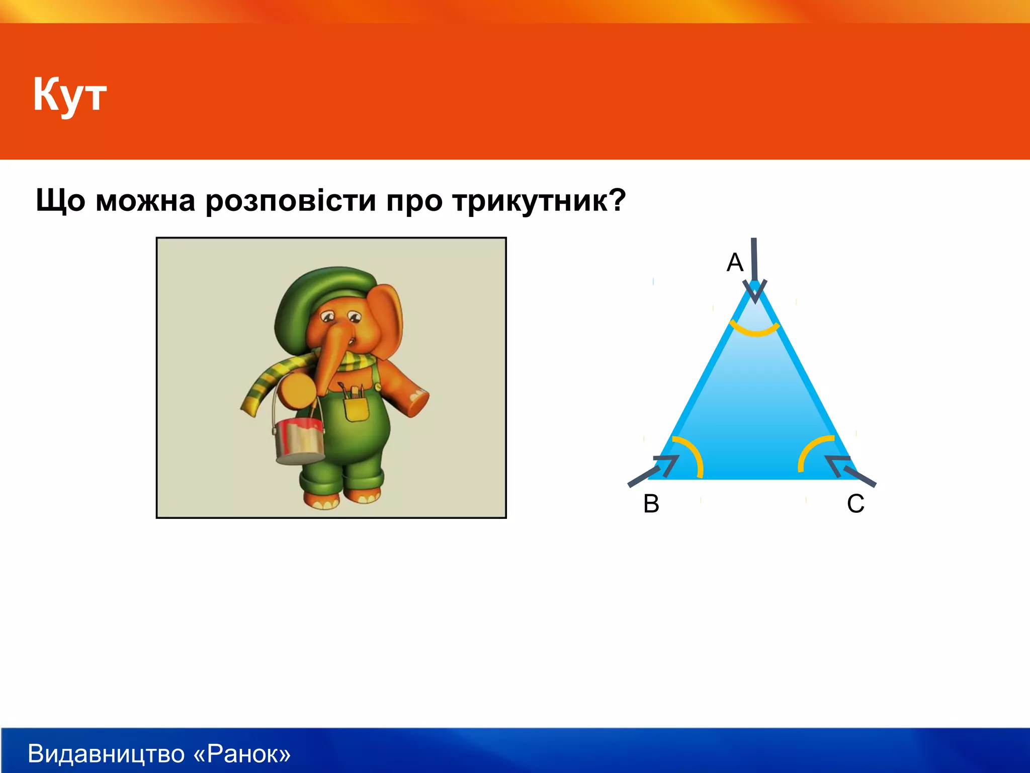Видавництво «Ранок»
Кут
Що можна розповісти про трикутник?
А
В С
 