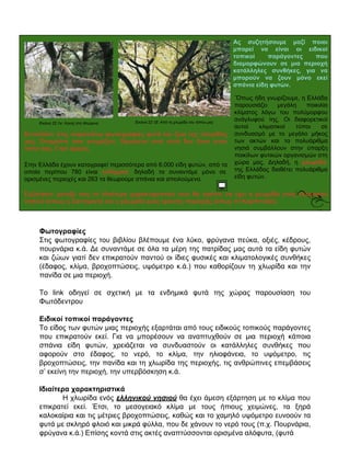 Εικόνα 22.1α: Λύκος στη Φλώρινα Εικόνα 22.1β: Από τη χλωρίδα του τόπου μας
Εντοπίστε στις παραπάνω φωτογραφίες φυτά και ζώα της πατρίδας
μας. Ονομάστε όσα γνωρίζετε. Ορισμένα από αυτά δεν ζουν στον
τόπο σας. Γιατί άραγε;
Στην Ελλάδα έχουν καταγραφεί περισσότερα από 6.000 είδη φυτών, από τα
οποία περίπου 780 είναι ενδημικά, δηλαδή τα συναντάμε μόνο σε
ορισμένες περιοχές και 263 τα θεωρούμε σπάνια και απειλούμενα.
Ας συζητήσουμε μαζί ποιοι
μπορεί να είναι οι ειδικοί
τοπικοί παράγοντες που
διαμορφώνουν σε μια περιοχή
κατάλληλες συνθήκες, για να
μπορούν να ζουν μόνο εκεί
σπάνια είδη φυτών.
`Όπως ήδη γνωρίζουμε, η Ελλάδα
παρουσιάζει μεγάλη ποικιλία
κλίματος λόγω του πολύμορφου
ανάγλυφού της. Οι διαφορετικοί
αυτοί κλιματικοί τύποι σε
συνδυασμό με το μεγάλο μήκος
των ακτών και τα πολυάριθμα
νησιά συμβάλλουν στην ύπαρξη
ποικίλων φυτικών οργανισμών στη
χώρα μας. Δηλαδή, η χλωρίδα
της Ελλάδας διαθέτει πολυάριθμα
είδη φυτών.
Συζητήστε μεταξύ σας τα ιδιαίτερα χαρακτηριστικά που θα πρέπει να έχει η χλωρίδα ενός ελληνικού
νησιού (όπως η Σαντορίνη) και η χλωρίδα μιας ορεινής περιοχής (όπως το Καρπενήσι).
Φωτογραφίες
Στις φωτογραφίες του βιβλίου βλέπουμε ένα λύκο, φρύγανα πεύκα, οξιές, κέδρους,
πουρνάρια κ.ά. Δε συναντάμε σε όλα τα μέρη της πατρίδας μας αυτά τα είδη φυτών
και ζώων γιατί δεν επικρατούν παντού οι ίδιες φυσικές και κλιματολογικές συνθήκες
(έδαφος, κλίμα, βροχοπτώσεις, υψόμετρο κ.ά.) που καθορίζουν τη χλωρίδα και την
πανίδα σε μια περιοχή.
Το link οδηγεί σε σχετική με τα ενδημικά φυτά της χώρας παρουσίαση του
Φωτόδεντρου
Ειδικοί τοπικοί παράγοντες
Το είδος των φυτών μιας περιοχής εξαρτάται από τους ειδικούς τοπικούς παράγοντες
που επικρατούν εκεί. Για να μπορέσουν να αναπτυχθούν σε μια περιοχή κάποια
σπάνια είδη φυτών, χρειάζεται να συνδυαστούν οι κατάλληλες συνθήκες που
αφορούν στο έδαφος, το νερό, το κλίμα, την ηλιοφάνεια, το υψόμετρο, τις
βροχοπτώσεις, την πανίδα και τη χλωρίδα της περιοχής, τις ανθρώπινες επεμβάσεις
σ’ εκείνη την περιοχή, την υπερβόσκηση κ.ά.
Ιδιαίτερα χαρακτηριστικά
Η χλωρίδα ενός ελληνικού νησιού θα έχει άμεση εξάρτηση με το κλίμα που
επικρατεί εκεί. Έτσι, το μεσογειακό κλίμα με τους ήπιους χειμώνες, τα ξηρά
καλοκαίρια και τις μέτριες βροχοπτώσεις, καθώς και το χαμηλό υψόμετρο ευνοούν τα
φυτά με σκληρό φλοιό και μικρά φύλλα, που δε χάνουν το νερό τους (π.χ. Πουρνάρια,
φρύγανα κ.ά.) Επίσης κοντά στις ακτές αναπτύσσονται ορισμένα αλόφυτα, (φυτά
 