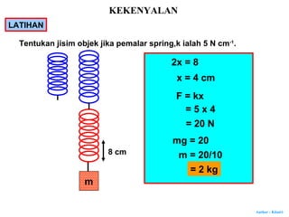 Author : Khairi
LATIHAN
Tentukan jisim objek jika pemalar spring,k ialah 5 N cm-1
.
2x = 8
x = 4 cm
F = kx
= 5 x 4
= 20 N
mg = 20
m
8 cm m = 20/10
= 2 kg
KEKENYALAN
 