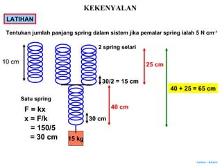Author : Khairi
LATIHAN
Tentukan jumlah panjang spring dalam sistem jika pemalar spring ialah 5 N cm-1
Satu spring
F = kx
x = F/k
= 150/5
= 30 cm 15 kg
10 cm
30 cm
40 cm
2 spring selari
30/2 = 15 cm
25 cm
40 + 25 = 65 cm
KEKENYALAN
 