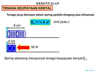 Author : Khairi
TENAGA KEUPAYAAN KENYAL
Tenaga yang disimpan dalam spring apabila diregang atau dimampat
Ep = ½ k x2 Unit joule,J
8 cm
4 cm
50 N
Spring sekarang mempunyai tenaga keupayaan kenyal,Ep.
KEKENYALAN
 
