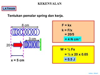 Author : Khairi
Tentukan pemalar spring dan kerja.
F = kx
k = F/x
= 20/5
= 4 N cm-1
W = ½ Fx
= ½ x 20 x 0.05
= 0.5 J
8 cm
3 cm
20 N
x = 5 cm
LATIHAN
KEKENYALAN
 