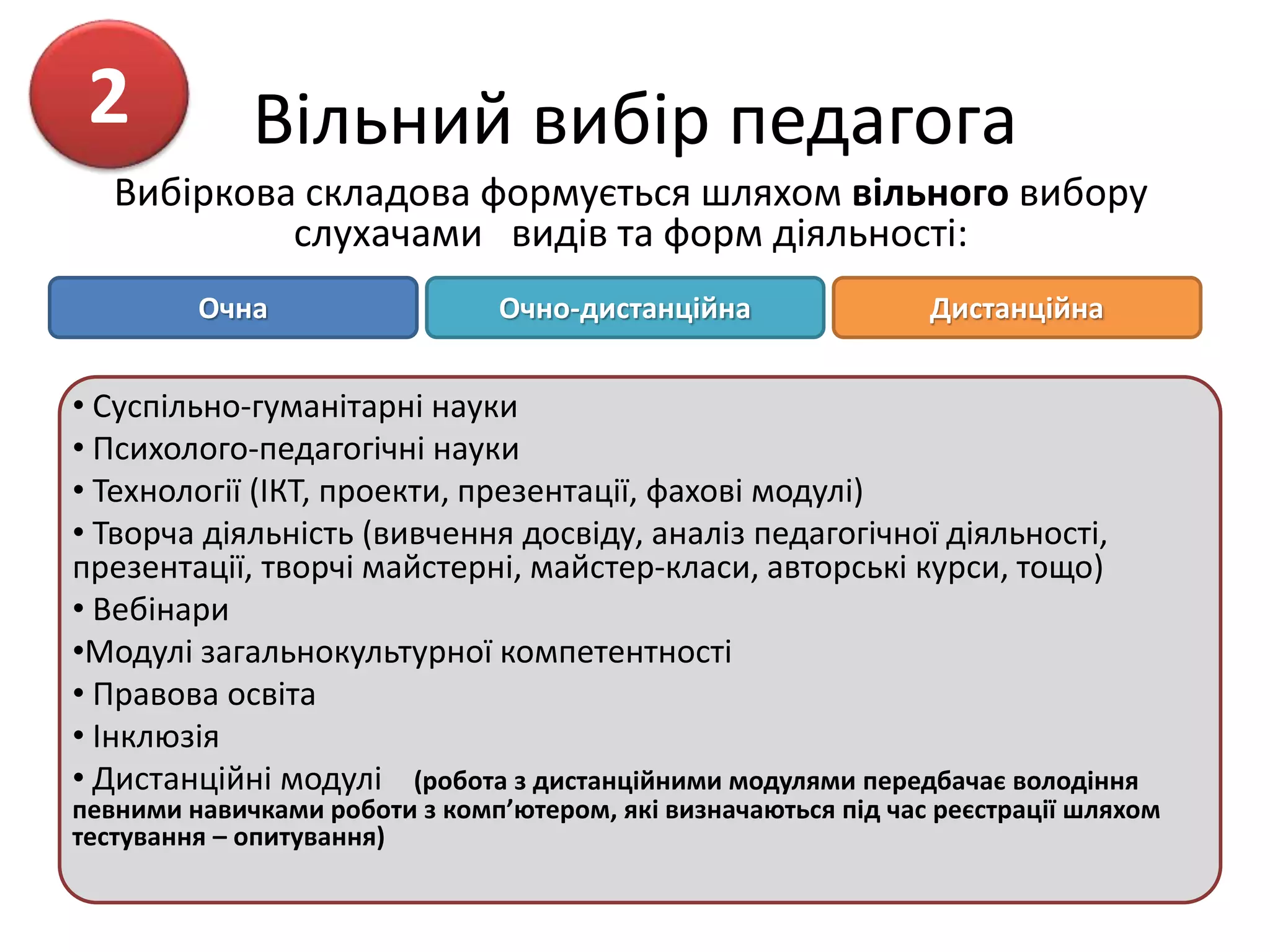 Вільний вибір педагога
Вибіркова складова формується шляхом вільного вибору
слухачами видів та форм діяльності:
• Суспільно-гуманітарні науки
• Психолого-педагогічні науки
• Технології (ІКТ, проекти, презентації, фахові модулі)
• Творча діяльність (вивчення досвіду, аналіз педагогічної діяльності,
презентації, творчі майстерні, майстер-класи, авторські курси, тощо)
• Вебінари
•Модулі загальнокультурної компетентності
• Правова освіта
• Інклюзія
• Дистанційні модулі (робота з дистанційними модулями передбачає володіння
певними навичками роботи з комп’ютером, які визначаються під час реєстрації шляхом
тестування – опитування)
Очна Очно-дистанційна Дистанційна
2
 
