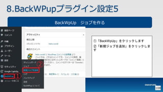 108
8.BackWPupプラグイン設定5
BackWpUp ジョブを作る
①「BackWpUp」をクリックします
②「新規ジョブを追加」をクリックしま
す
 