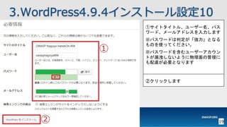 19
3.WordPress4.9.4インストール設定10
①サイトタイトル、ユーザー名、パス
ワード、メールアドレスを入力します
※パスワードは判定が「強力」となる
ものを使ってください。
※パスワードを含むユーザーアカウン
トが漏洩しないように物理面の管理に
も配慮が必要となります
②クリックします
 