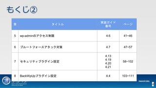 4
もくじ②
章 タイトル
実装ガイド
番号
ページ
5 wp-adminのアクセス制限 4.6 41~46
6 ブルートフォースアタック対策 4.7 47~57
7 セキュリティプラグイン設定
4.13
4.19
4.20
4.21
58~102
8 BackWpUpプラグイン設定 4.4 103~111
 