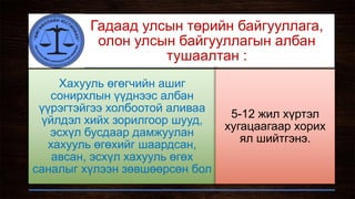 Гадаад улсын төрийн байгууллага,
олон улсын байгууллагын албан
тушаалтан :
Хахууль өгөгчийн ашиг
сонирхлын үүднээс албан
үүрэгтэйгээ холбоотой аливаа
үйлдэл хийх зорилгоор шууд,
эсхүл бусдаар дамжуулан
хахууль өгөхийг шаардсан,
авсан, эсхүл хахууль өгөх
саналыг хүлээн зөвшөөрсөн бол
5-12 жил хүртэл
хугацаагаар хорих
ял шийтгэнэ.
 
