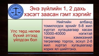 Энэ зүйлийн 1, 2 дахь
хэсэгт заасан гэмт хэргийг
Улс төрд нөлөө
бүхий этгээд
үйлдсэн бол
Нийтийн албанд
томилогдох эрхийг 5-8 жил
хүртэл хугацаагаар хасаж
10000-40000 нэгжтэй
тэнцэх хэмжээний
төгрөгөөр торгох, эсхүл 2-8
жил хүртэл хугацаагаар
хорих ял шийтгэнэ.
 