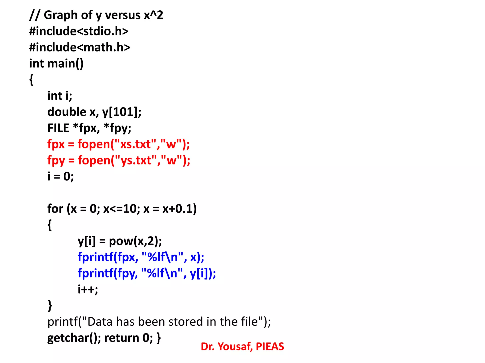 // Graph of y versus x^2
#include<stdio.h>
#include<math.h>
int main()
{
int i;
double x, y[101];
FILE *fpx, *fpy;
fpx = fopen("xs.txt","w");
fpy = fopen("ys.txt","w");
i = 0;
for (x = 0; x<=10; x = x+0.1)
{
y[i] = pow(x,2);
fprintf(fpx, "%lfn", x);
fprintf(fpy, "%lfn", y[i]);
i++;
}
printf("Data has been stored in the file");
getchar(); return 0; }
Dr. Yousaf, PIEAS
 