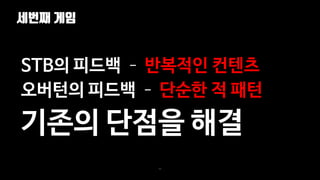 세번째 게임
95
STB의 피드백 – 반복적인 컨텐츠
오버턴의 피드백 – 단순한 적 패턴
기존의 단점을 해결
 