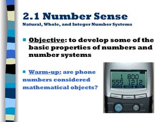 2.1 Number Sense Natural, Whole, and Integer Number Systems ,[object Object],[object Object],[object Object],[object Object]