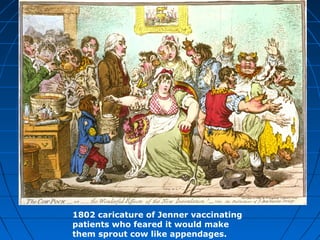 1802 caricature of Jenner vaccinating
patients who feared it would make
them sprout cow like appendages.
 
