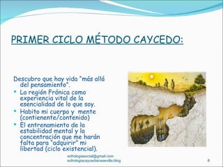 PRIMER CICLO MÉTODO CAYCEDO:


Descubro que hay vida “más allá
  del pensamiento”.
 La región Frónica como
  experiencia vital de la
  esencialidad de lo que soy.
 Habito mi cuerpo y mente
  (contienente/contenido)
 El entrenamiento de la
  estabilidad mental y la
  concentración que me harán
  falta para “adquirir” mi
  libertad (ciclo existencial).
                  sofrologiasocial@gmail.com
                  sofrologiacaycedianasevilla.blog   8
 