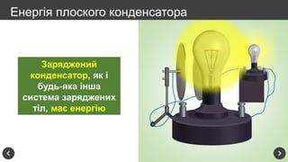 Енергія плоского конденсатора
Заряджений
конденсатор, як і
будь-яка інша
система заряджених
тіл, має енергію
 