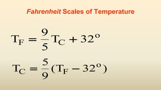 Fahrenheit Scales of Temperature
T TF C
o
 
9
5
32
T TC F
o
 
5
9
32( )
 