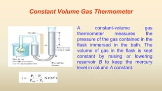 Constant Volume Gas Thermometer
A constant-volume gas
thermometer measures the
pressure of the gas contained in the
flask immersed in the bath. The
volume of gas in the flask is kept
constant by raising or lowering
reservoir B to keep the mercury
level in column A constant.
 