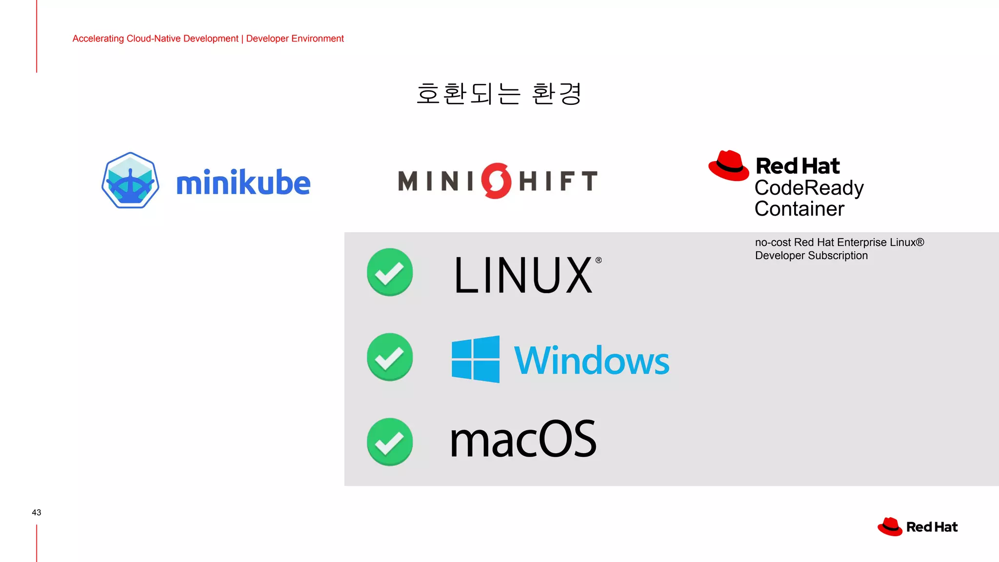 호환되는 환경
Accelerating Cloud-Native Development | Developer Environment
43
no-cost Red Hat Enterprise Linux®
Developer Subscription
CodeReady
Container
 
