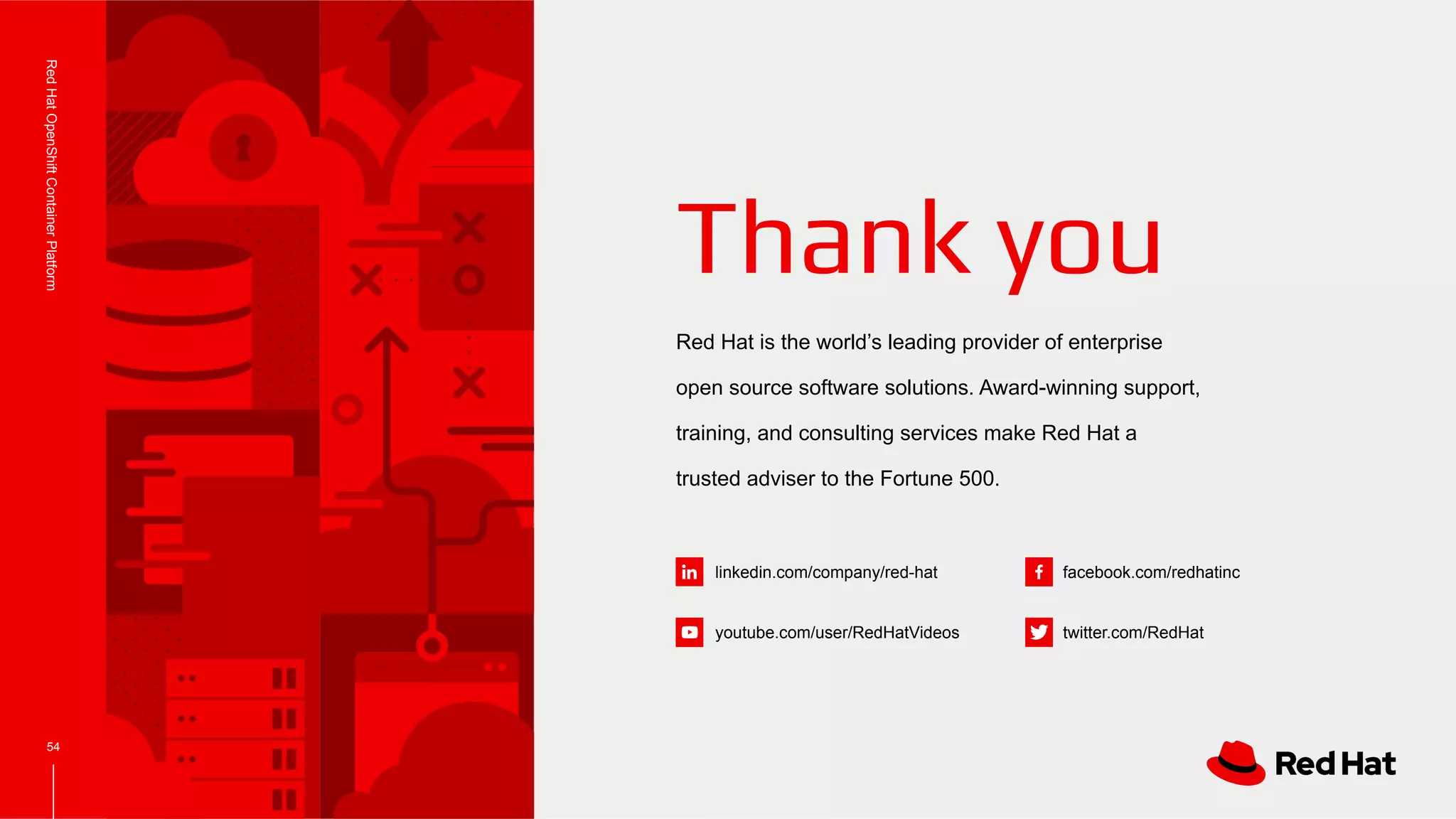 linkedin.com/company/red-hat
youtube.com/user/RedHatVideos
facebook.com/redhatinc
twitter.com/RedHat
54
Red Hat is the world’s leading provider of enterprise
open source software solutions. Award-winning support,
training, and consulting services make Red Hat a
trusted adviser to the Fortune 500.
Thank you
RedHatOpenShiftContainerPlatform
 