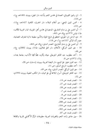 ‫ب‬ ‫كبرى‬
‫ي‬
‫گ‬
‫ي‬
-
94
-
‫اﻟﺘﺮاث‬ ‫ﺣﻮﻟﻴﺎت‬ ‫ﻣﺠﻠﺔ‬
5
-
‫رشيق‬ ‫ابن‬
‫الق‬
‫ي‬
:‫رواني‬
‫وآدابه‬ ‫الشعر‬ ‫حاسن‬‫م‬ ‫في‬ ‫العمدة‬
،
‫ج‬‫ل‬‫ا‬ ‫دار‬
‫ي‬
‫ل‬
‫بيروت‬ ،
1401
‫ه‬
‫ـ‬
،
‫ج‬
1
،
‫ص‬
124
.
6
-
‫حد‬‫ل‬‫ا‬ ‫دار‬ ،‫النبلاء‬ ‫أعلام‬ ‫سير‬ :‫الذهبي‬ ‫الدين‬ ‫شمس‬
‫ي‬
‫ث‬
‫القاهرة‬ ،
1427
‫ه‬
‫ـ‬
،
‫ج‬
13
،
‫ص‬
231
.
7
-
‫بسا‬ ‫بن‬ ‫علي‬ ‫حسن‬‫ل‬‫ا‬ ‫أبو‬
‫لل‬ ‫العربية‬ ‫الدار‬ ،‫جزيرة‬‫ل‬‫ا‬ ‫أهل‬ ‫حاسن‬‫م‬ ‫في‬ ‫الذخيرة‬ :‫الشنتريني‬ ‫م‬
‫كتاب‬
،
‫ط‬
1
،
‫تونس‬
1979
،‫م‬
‫ج‬
8
،
‫ص‬
465
.
8
-
‫تار‬ ‫في‬ ‫المنتظم‬ :‫جوزي‬‫ل‬‫ا‬ ‫ابن‬ ‫الرحمن‬ ‫عبد‬
‫ي‬
‫العثمان‬ ‫المعارف‬ ‫دائرة‬ ‫مطبعة‬ ،‫والأمم‬ ‫الملوك‬ ‫خ‬
‫ي‬
،‫ة‬
‫ح‬
‫ي‬
‫الد‬ ‫آباد‬ ‫در‬
‫ك‬
‫ن‬
1357
‫ه‬
‫ـ‬
،
‫ج‬
7
،
‫ص‬
118
.
9
-
:‫الشنتريني‬ ‫بسام‬ ‫بن‬ ‫علي‬ ‫حسن‬‫ل‬‫ا‬ ‫أبو‬
‫ال‬
‫السابق‬ ‫مصدر‬
‫ج‬ ،
8
‫ص‬ ،
465
.
10
-
‫الزر‬ ‫الدين‬ ‫خير‬
‫ك‬
‫للملا‬ ‫العلم‬ ‫دار‬ ،‫الأعلام‬ :‫لي‬
‫يي‬
‫ن‬
‫ط‬ ،
15
‫ب‬ ،
‫ي‬
‫روت‬
2002
،‫م‬
‫ج‬
4
،
‫ص‬
48
.
11
-
‫مطلوب‬ ‫أحمد‬
:
‫جرجان‬‫ل‬‫ا‬ ‫القاهر‬ ‫عبد‬
‫ي‬
‫ح‬
‫ي‬
‫ة‬
ّ ‫جل‬‫م‬ ،‫وآثاره‬ ‫اته‬
‫ك‬
‫ل‬
‫ي‬
‫الآداب‬ ‫ة‬
،
،‫بغداد‬ ‫جامعة‬
‫ع‬
15
،
1972
‫ص‬ ،‫م‬
8
.
12
-
‫العز‬ ‫عبد‬
‫ي‬
‫عت‬ ‫ز‬
‫ي‬
‫البد‬ ‫علم‬ :‫ق‬
‫ي‬
،‫ع‬
‫العربي‬ ‫النهضة‬ ‫دار‬
‫ة‬
،
‫ب‬
‫ي‬
(‫ت‬.‫)د‬ ‫روت‬
‫ص‬ ،
28
.
13
-
:‫مطلوب‬ ‫أحمد‬
‫السابق‬ ‫المرجع‬
‫ص‬ ،
11
.
14
-
‫الزر‬ ‫الدين‬ ‫خير‬
‫ك‬
:‫لي‬
‫السابق‬ ‫المصدر‬
‫ج‬ ،
4
‫ص‬ ،
49
.
15
-
‫البلاغة‬ ‫أسرار‬ :‫جرجاني‬‫ل‬‫ا‬ ‫القاهر‬ ‫عبد‬
‫الـ‬ ‫دار‬ ،‫البيان‬ ‫علم‬ ‫في‬
‫ك‬
‫العلم‬ ‫تب‬
‫ي‬
،‫ة‬
‫ب‬
‫ي‬
‫روت‬
1995
،‫م‬
‫ص‬
52
.
16
-
‫نفسه‬ ‫المصدر‬
،
‫ص‬
14
.
17
-
‫الم‬
‫صدر‬
‫ص‬ ،‫نفسه‬
27
.
18
-
‫ا‬
‫نفسه‬ ‫لمصدر‬
‫ص‬ ،
58
.
19
-
‫المصدر‬
‫نفسه‬
،
‫ص‬
7
.
20
-
‫المصدر‬
‫نفسه‬
،
‫ص‬
8
.
21
-
‫المصدر‬
‫نفسه‬
،
‫ص‬
70
.
22
-
‫المصدر‬
‫نفسه‬
،
‫ص‬
200
.
23
-
‫المصدر‬
‫نفسه‬
،
‫ص‬
184
.
24
-
‫المصدر‬
‫نفسه‬
،
‫ص‬
382
.
25
-
‫المصدر‬
‫نفسه‬
،
‫ص‬
87
.
26
-
‫مه‬
‫ي‬
‫الأكا‬ ‫كز‬
‫المر‬ ‫مطبوعات‬ ،‫العربية‬ ‫يات‬‫واللغو‬ ‫النحو‬ :‫زاده‬ ‫حاجی‬ ‫ن‬
‫ديم‬
‫والثقافة‬ ‫للتربية‬ ‫ي‬
 