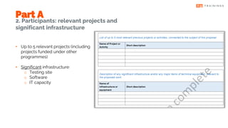 2. Participants: relevant projects and
significant infrastructure
Part A
• Up to 5 relevant projects (including
projects funded under other
programmes)
• Significant infrastructure:
o Testing site
o Software
o IT capacity
 