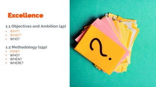1.1 Objectives and Ambition (4p)
• WHY?
• WHAT?
• WHO?
1.2 Methodology (15p)
• HOW?
• WHO?
• WHEN?
• WHERE?
Excellence
 